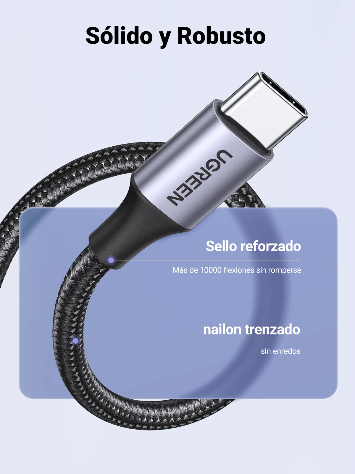 Cable USB C UGREEN Negro Trenza de Nailon Carga Rápida 3A 0.5M