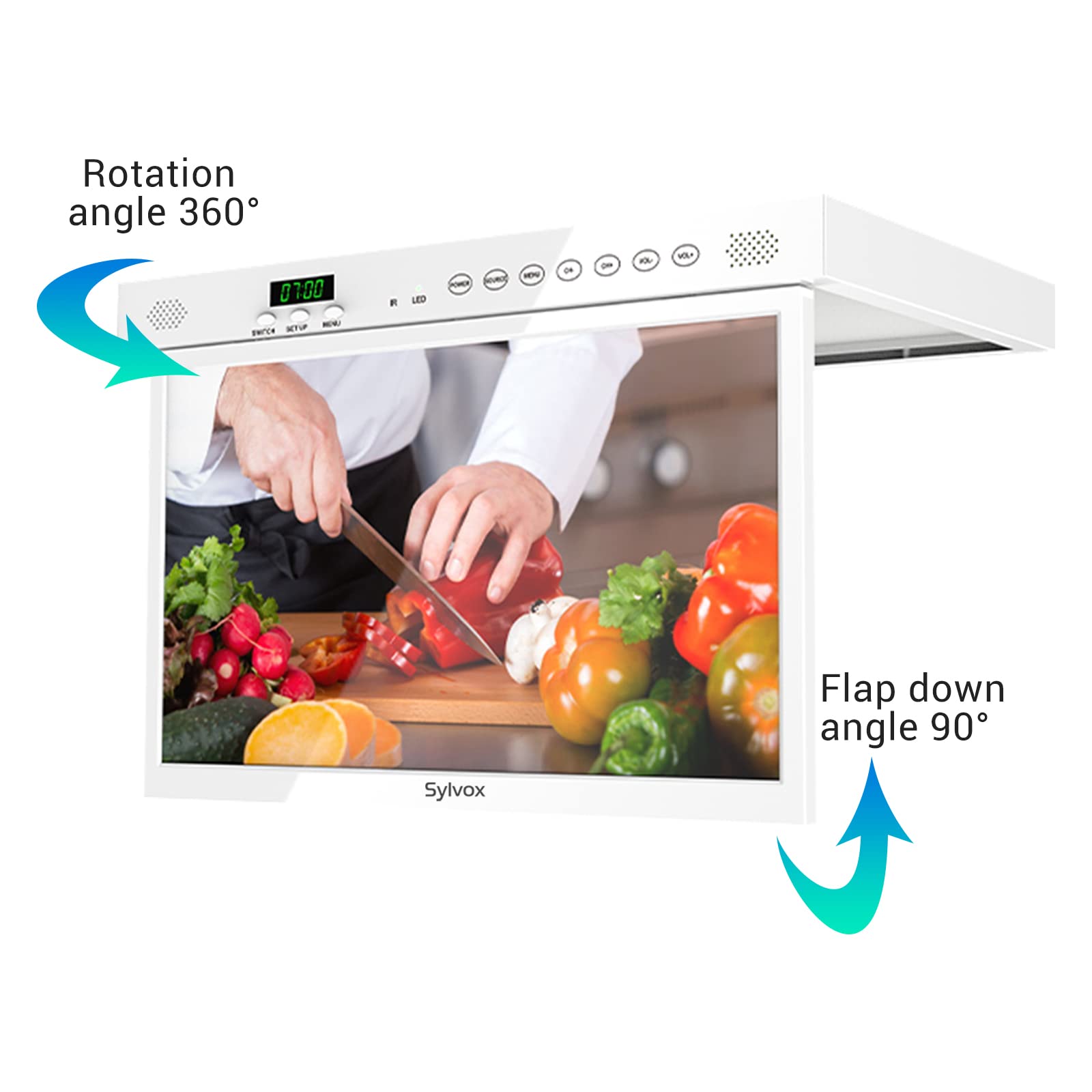 Smart TV SYLVOX Blanco Puro Rotación 360° y Visualización Abatible para Cocina y RV