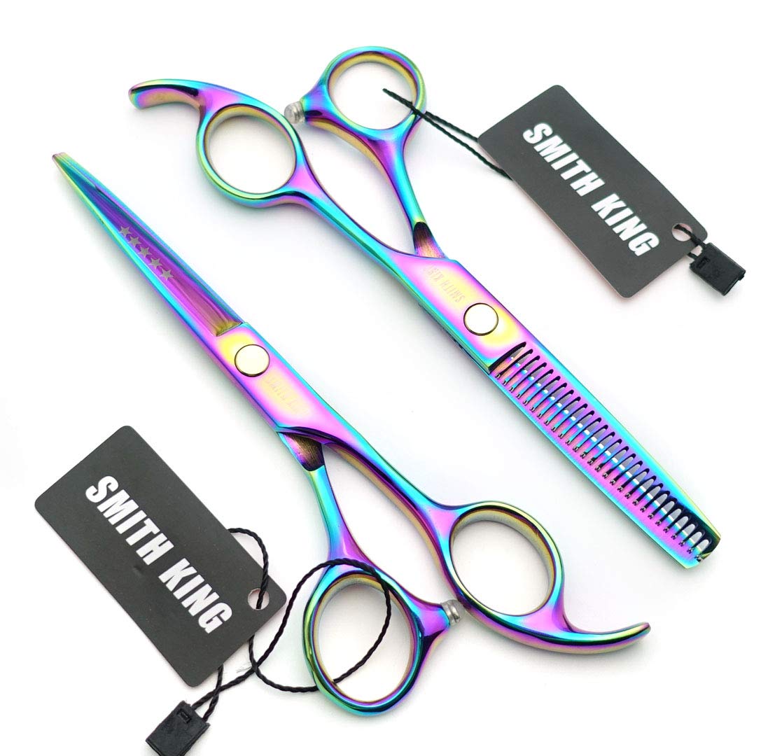 Juego de tijeras de corte de pelo de 12,7 cm con estuche de tijera de piel para corte de pelo, tijeras de adelgazamiento de cabello para personal y profesional (Raibow)