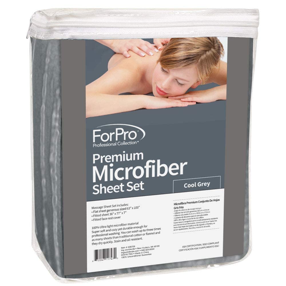 ForPro Professional Collection - Juego de sábanas de masaje ForPro Premium de microfibra de 3 piezas, gris frío, ultraligeras, resistentes a las manchas y las arrugas, incluye sábana encimera, sábana bajera ajustable y funda ajustable para reposacabezas