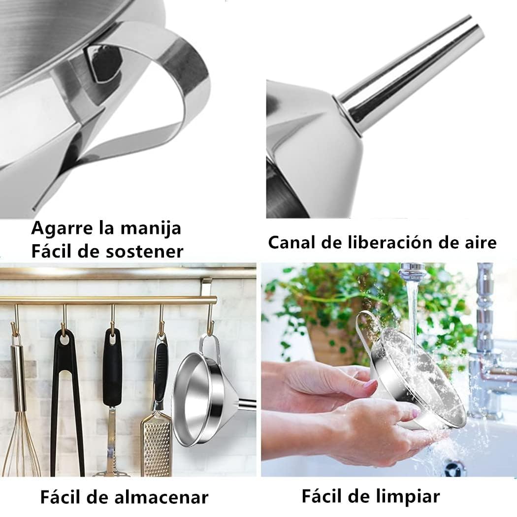 Juego de Embudos de Cocina con Coladores y Cepillos de Limpieza Apto para Líquidos aceites mermeladaingredientes secos y polvo 11 cm 13 cm 15 cm