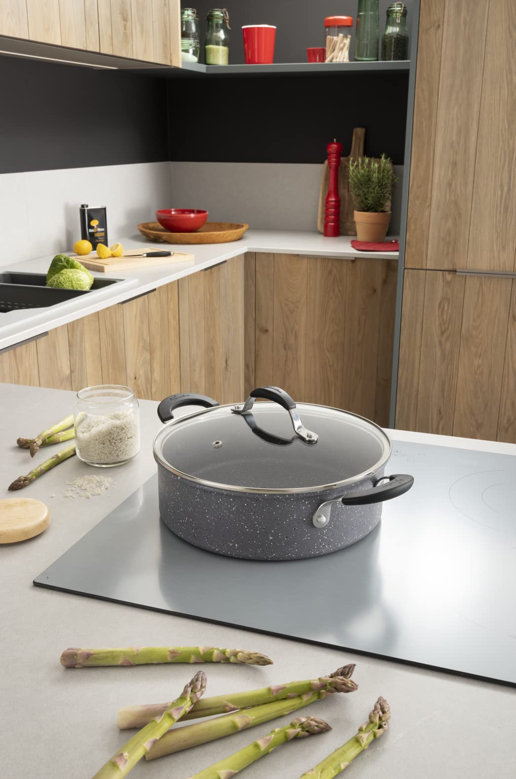 Lagostina Tempra Mineral Cacerola con tapa, acero y aluminio con revestimiento mineral+ Ø 26 cm, asas de silicona, efecto piedra, apta para todas las fuentes de calor