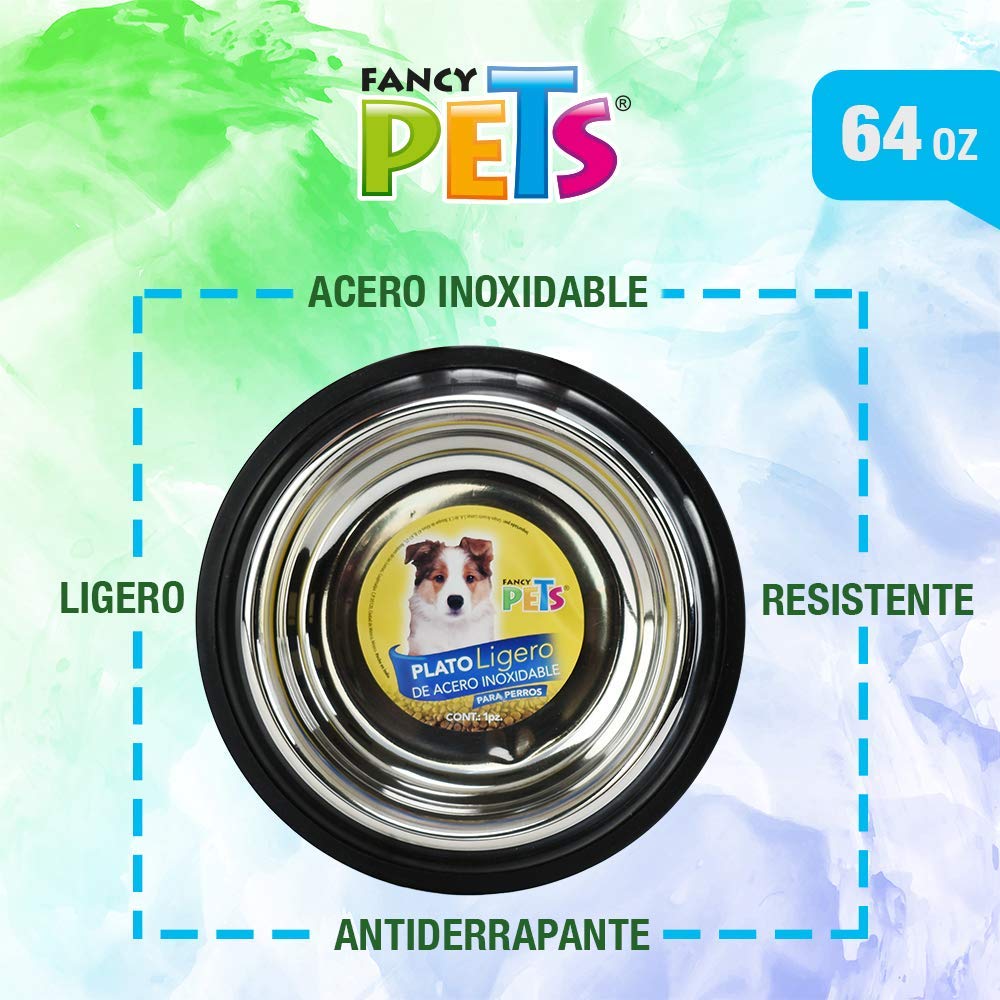 Fancy Pets Plato de Acero Inoxidable Ligero Antiderrapante para Perro con 64 Onzas o 1.8 Kilos