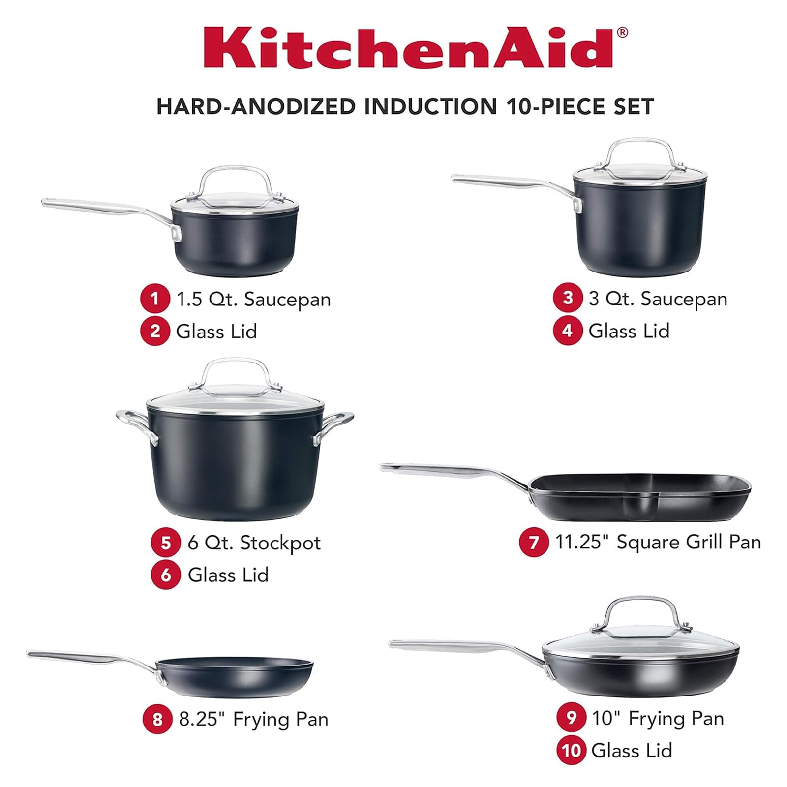 KitchenAid Juego de ollas y sartenes antiadherentes de inducción anodizada, 10 piezas, negro mate