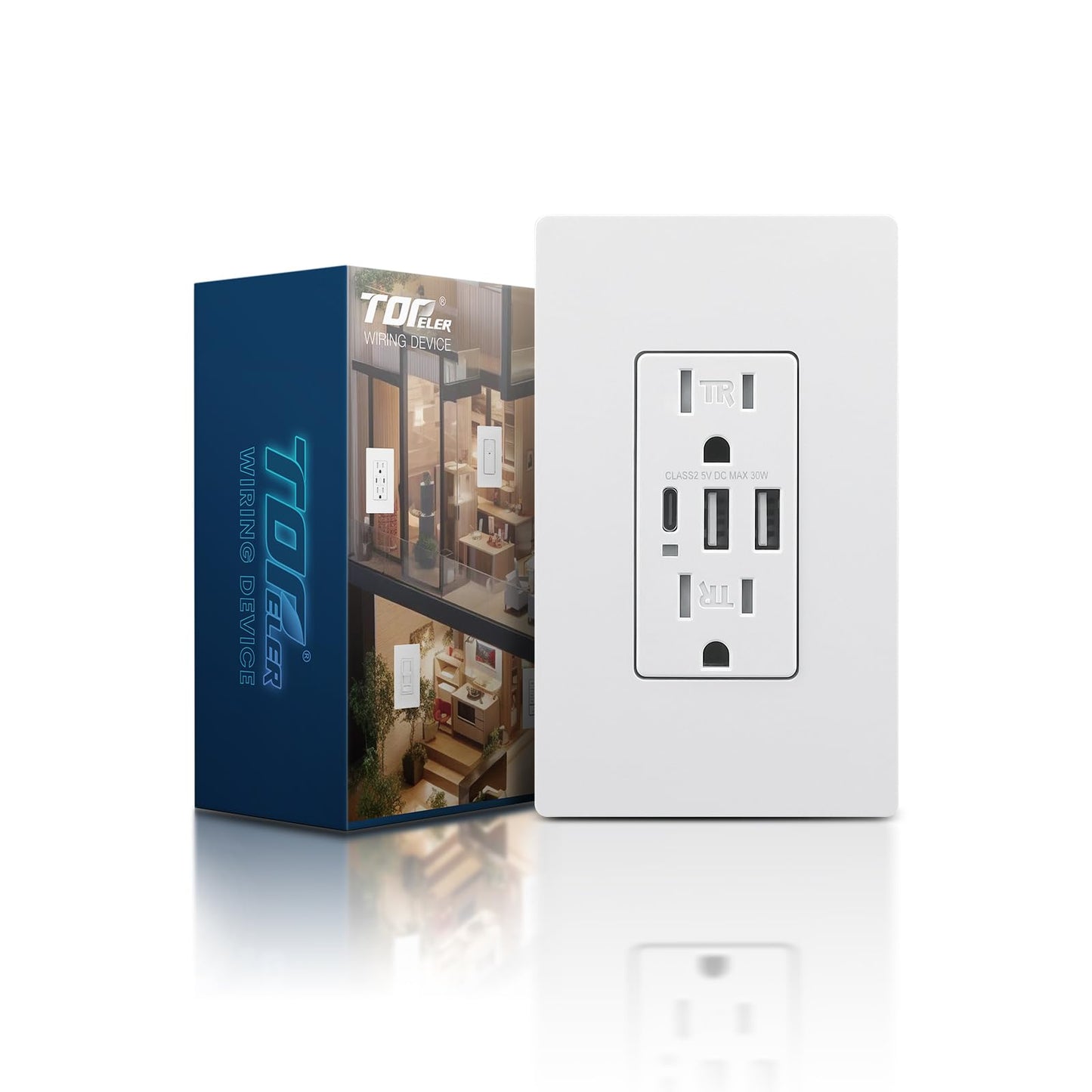 TOPELER - Tomacorrientes USB de pared, receptáculos de salida USB C de 3 puertos, de 30 W 6.0 A, 15 A, resistente a manipulaciones puertos USB C, certificación UL y FCC, placa sin tornillos, blanca