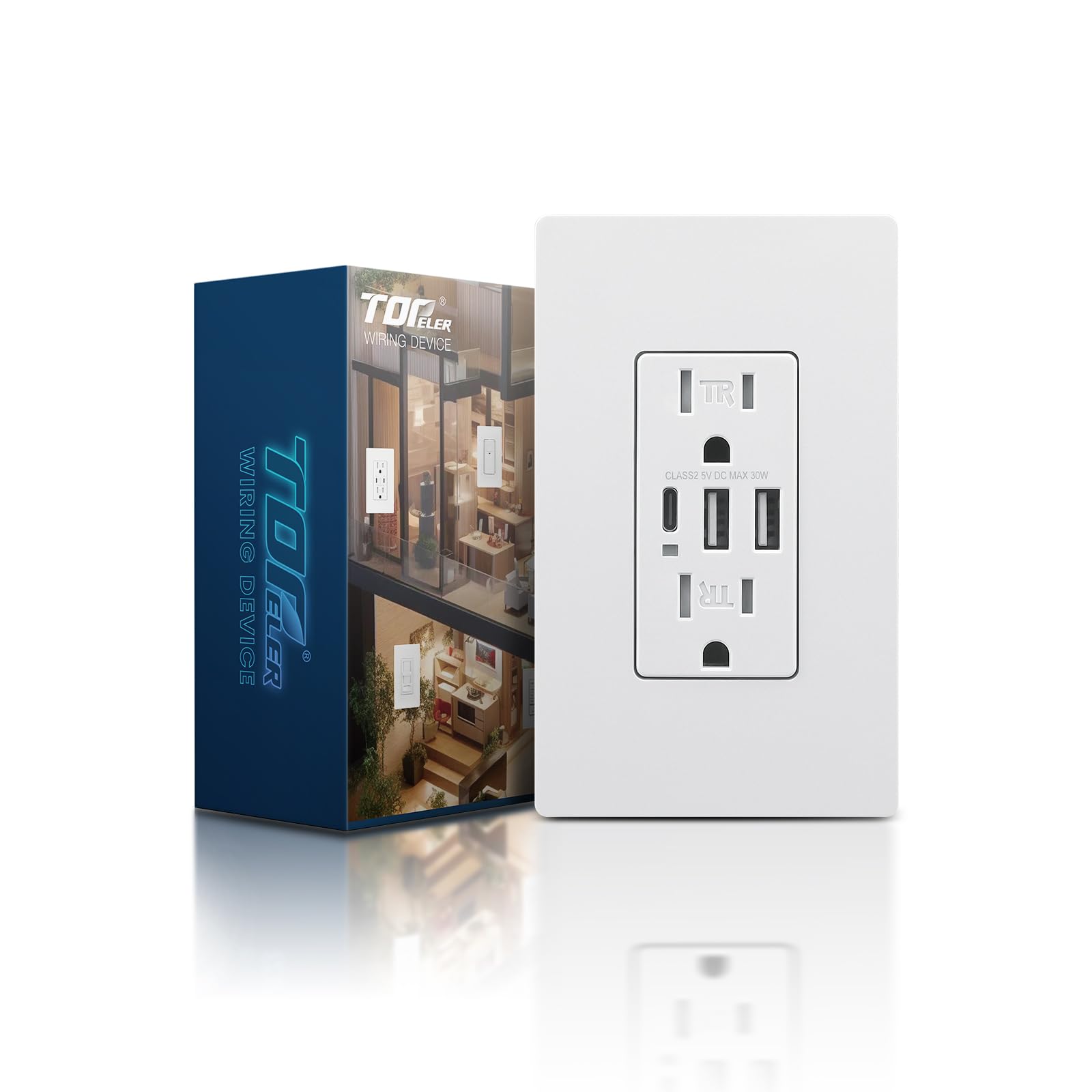 TOPELER - Tomacorrientes USB de pared, receptáculos de salida USB C de 3 puertos, de 30 W 6.0 A, 15 A, resistente a manipulaciones puertos USB C, certificación UL y FCC, placa sin tornillos, blanca