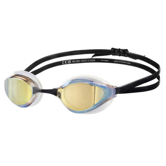 ARENA - anteojos de natación unisex para adultos, para hombres y mujeres, lentes de espejo antivaho, máxima comodidad, doble correa, dorado/blanco/negro