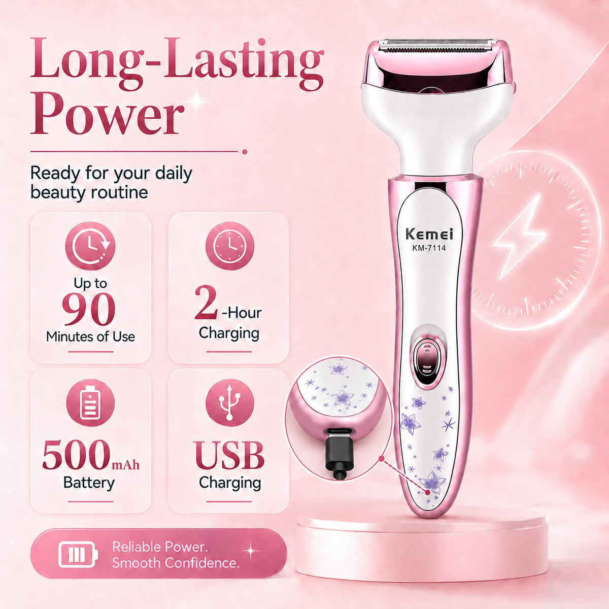 KEMEI 7114 - Maquinilla de afeitar eléctrica para mujer, 4 en 1, removedor de pelo indoloro para cara, cejas, nariz y bikini, recargable en húmedo y seco, color rosa