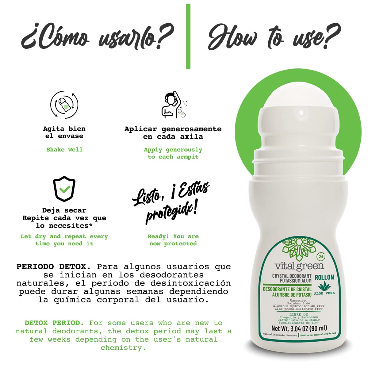 Vital Green - Desodorante Natural de Piedra Cristal de Alumbre de Potasio con Aloe Vera. Ideal Para Piel Sensible. Elimina El Olor y No Mancha. Presentación roll on 90 g - 3 fl oz (1 Unidad)