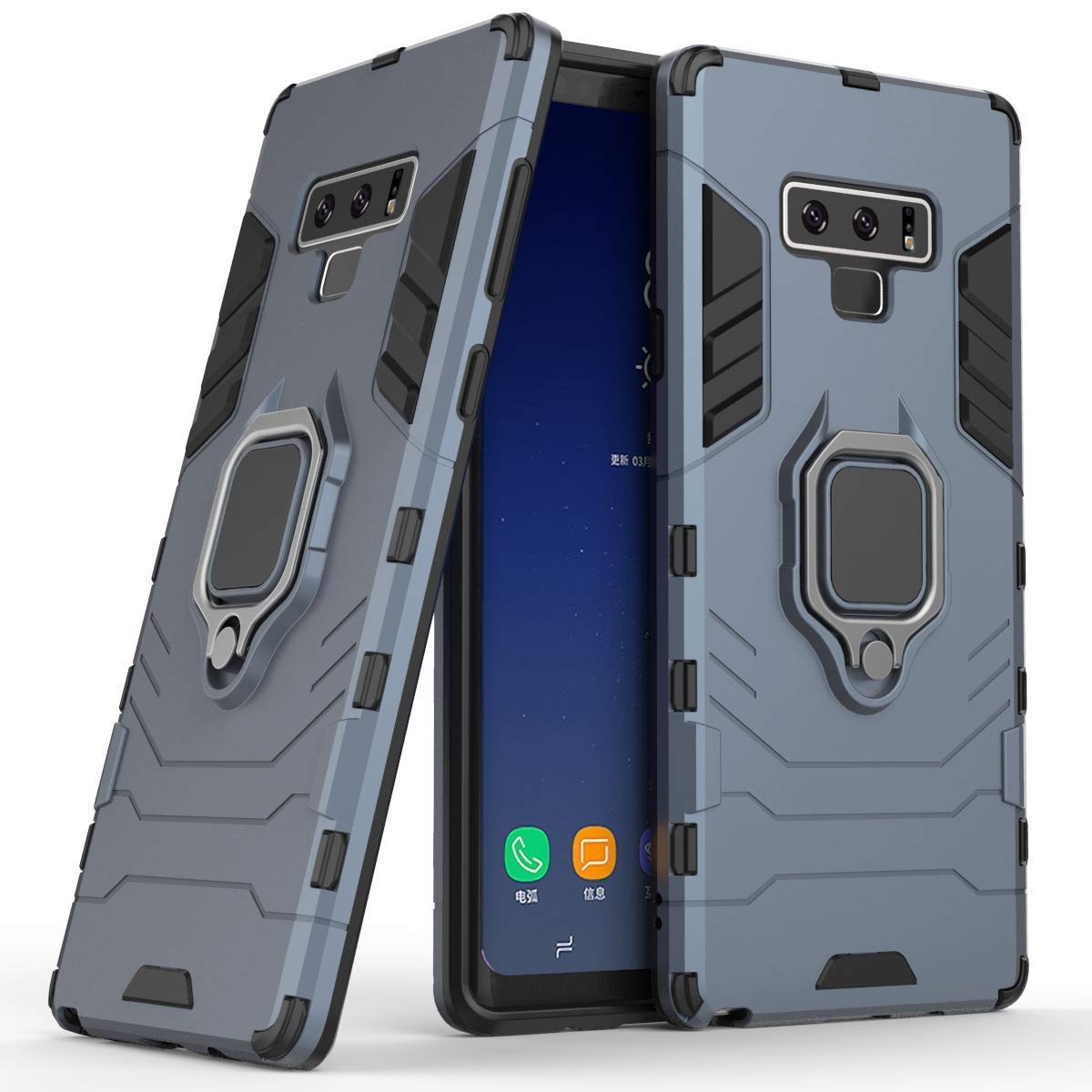 Compatible con Galaxy Note 9 Funda, Anillo Metálico Sujeción Soporte Antichoque Rígido Caja (Funciona con el Montaje de Coche Magnético) Doble Capa Sólido Case Carcasa para Samsung Galaxy Note 9 (Azul Marino)