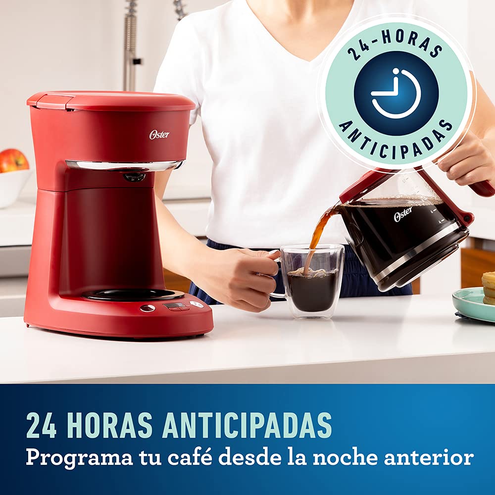 Cafetera Oster roja sistema programable 12 tazas con reloj digital
