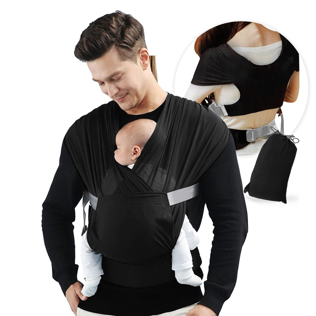 Fular portabebes para bebes de 0 a 36 meses,fular para bebés de algodón 100% transpirable, fular ergonomico para bebe ajustable con manos libres,com manual de colocacion,para recién nacidos (Negro)