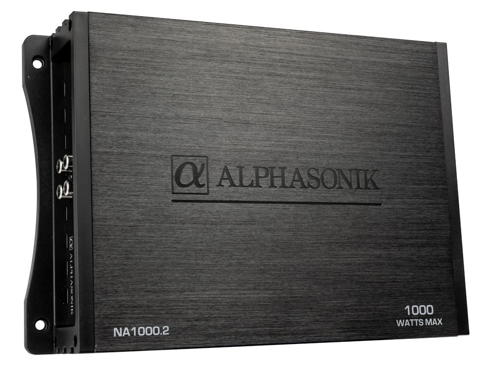 Alphasonik NA1000.2 Neuron Series Amplificador de coche de 1000 vatios máximo de 2 canales con circuito de protección de 4 vías, amplificador de clase A/B, entradas de bajo y alto nivel (perilla de graves remota incluida)