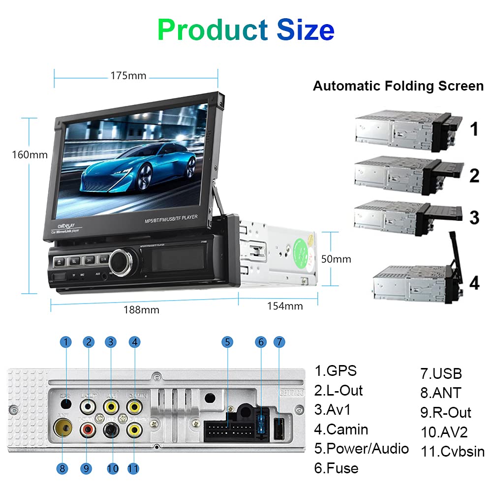 Hikity - visualización táctil de un solo din, estéreo para coche, visualización táctil de 7 pulgadas, estéreo automático con radio FM, Bluetooth, enlace de espejo, EQ, entrada USB/TF/AUX, SWC, cámara