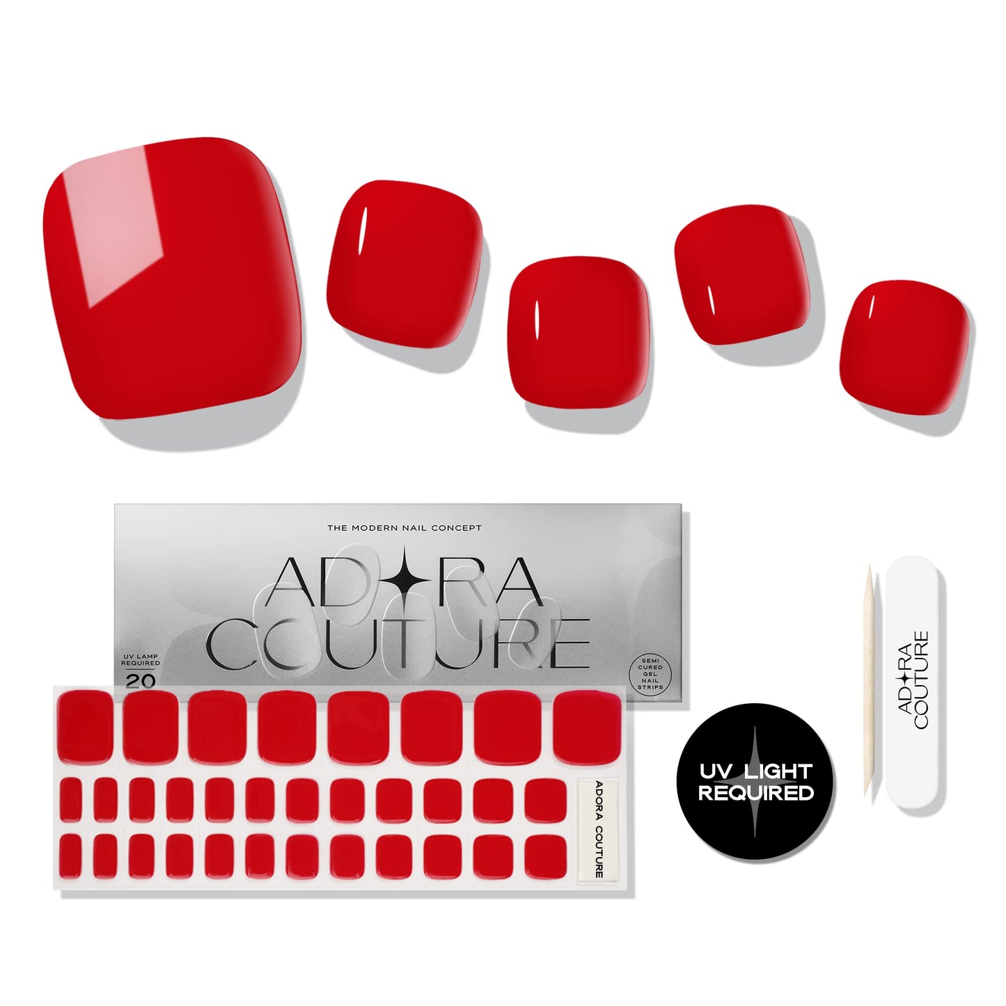Adora Couture - Tiras de uñas de gel semicuradas para pedicura, 32 tiras de gel rojo brillante y liso, color rojo brillante, para uñas de salón en casa, kit de pedicura, requiere luz UV (rojo P)