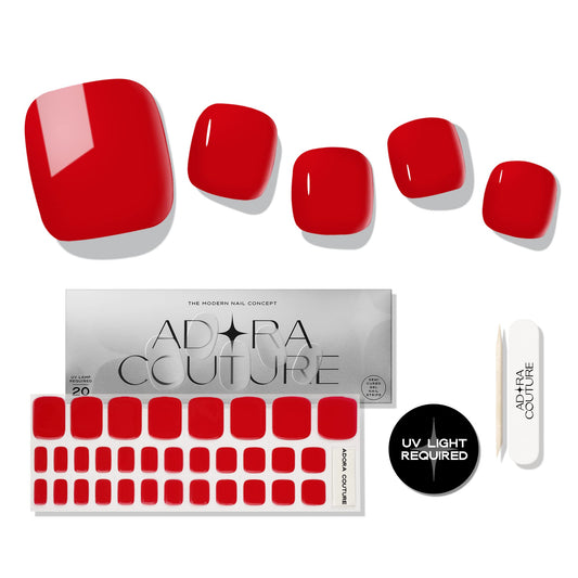 Adora Couture - Tiras de uñas de gel semicuradas para pedicura, 32 tiras de gel rojo brillante y liso, color rojo brillante, para uñas de salón en casa, kit de pedicura, requiere luz UV (rojo P)