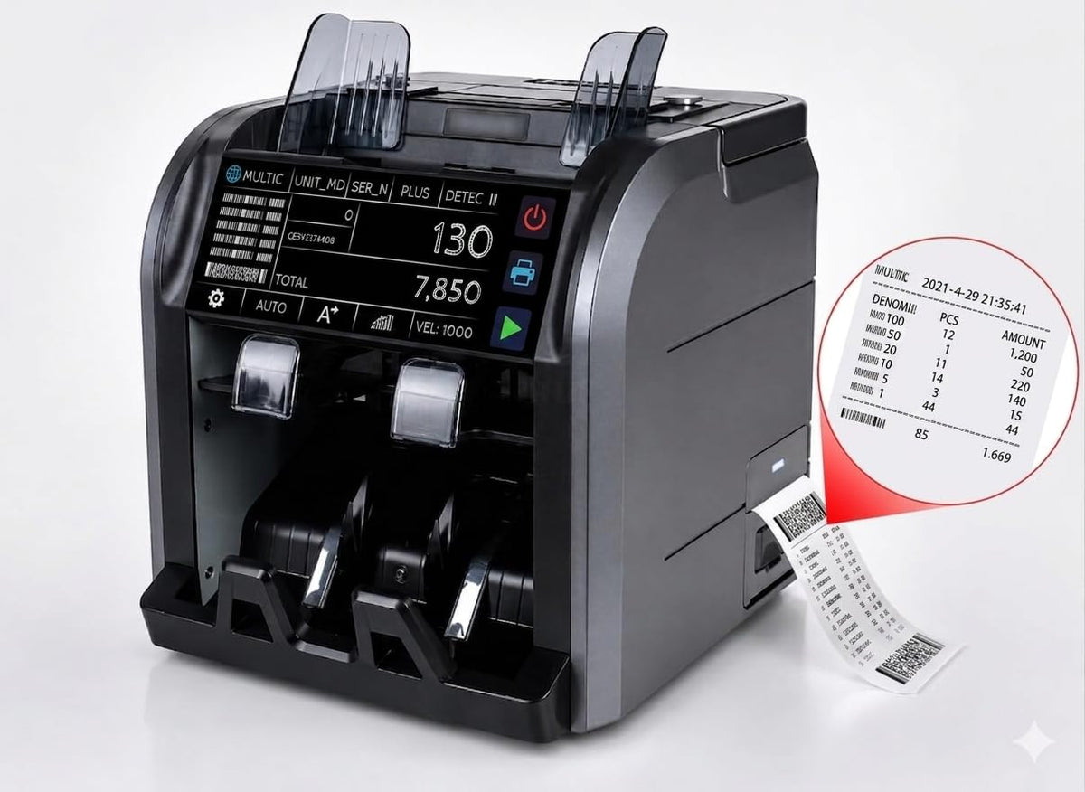 Contadora y Clasificadora Multidivisa KIshnell KB06 Negra con Detector de Billetes Falsos y Pantalla Táctil Digital de 6.9 Pulgadas Grado Bancario con Impresora Térmica Integrada