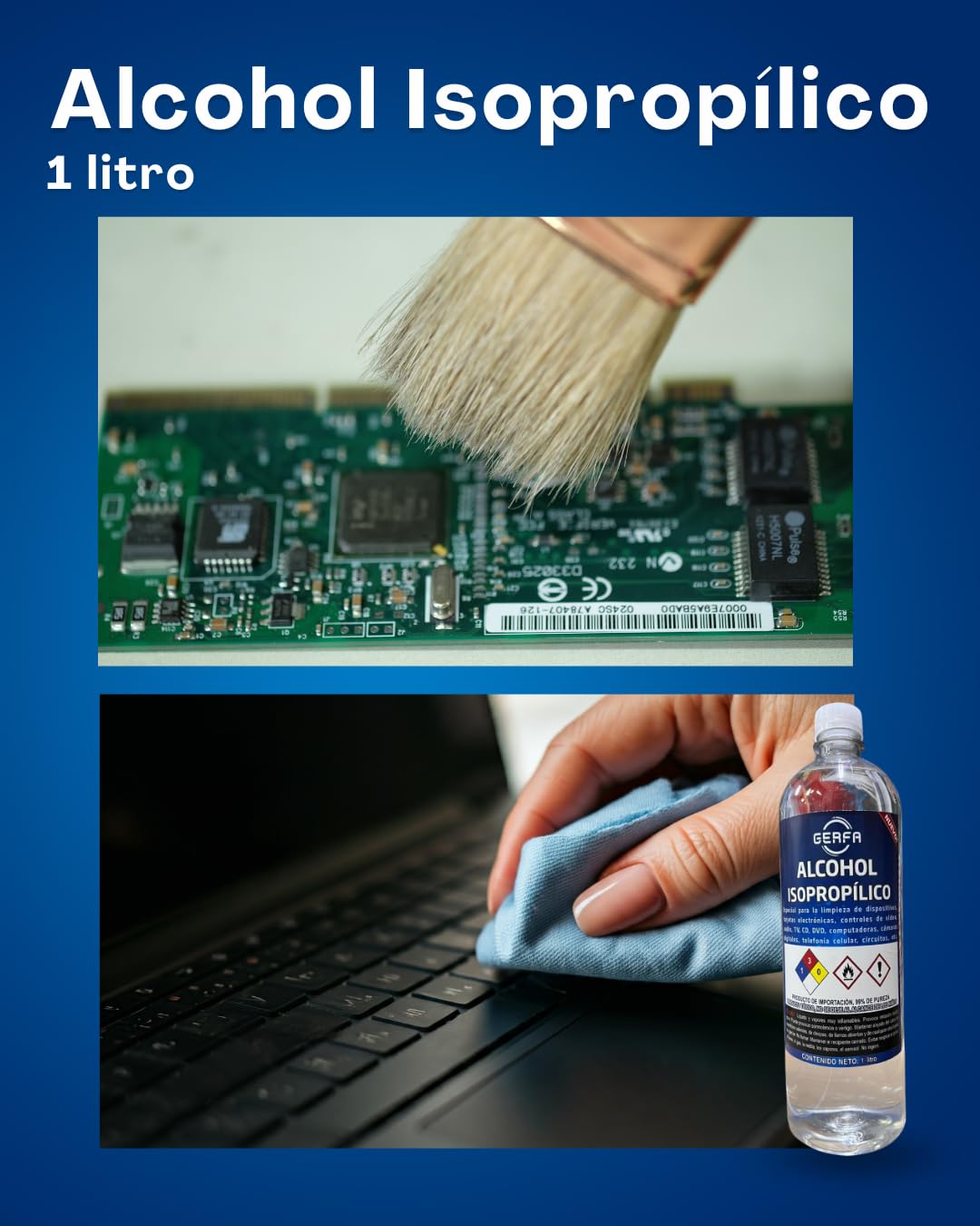 GERFA Alcohol Isopropílico 99% Pureza, 1 Litro - Ideal para Limpieza de Equipos Electrónicos, y Componentes Delicados. Alcohol de Alta Calidad para Mantenimiento y Uso Profesional