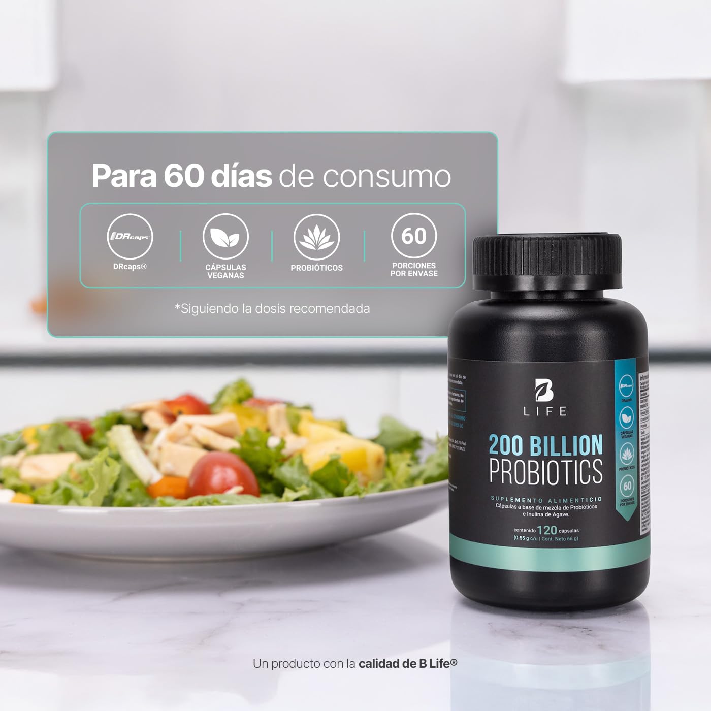 B Life Probióticos 200 Billones | 120 cápsulas | 11 Cepas con Inulina de Agave | Tecnología DRcaps | 200 Billion Probiotics.
