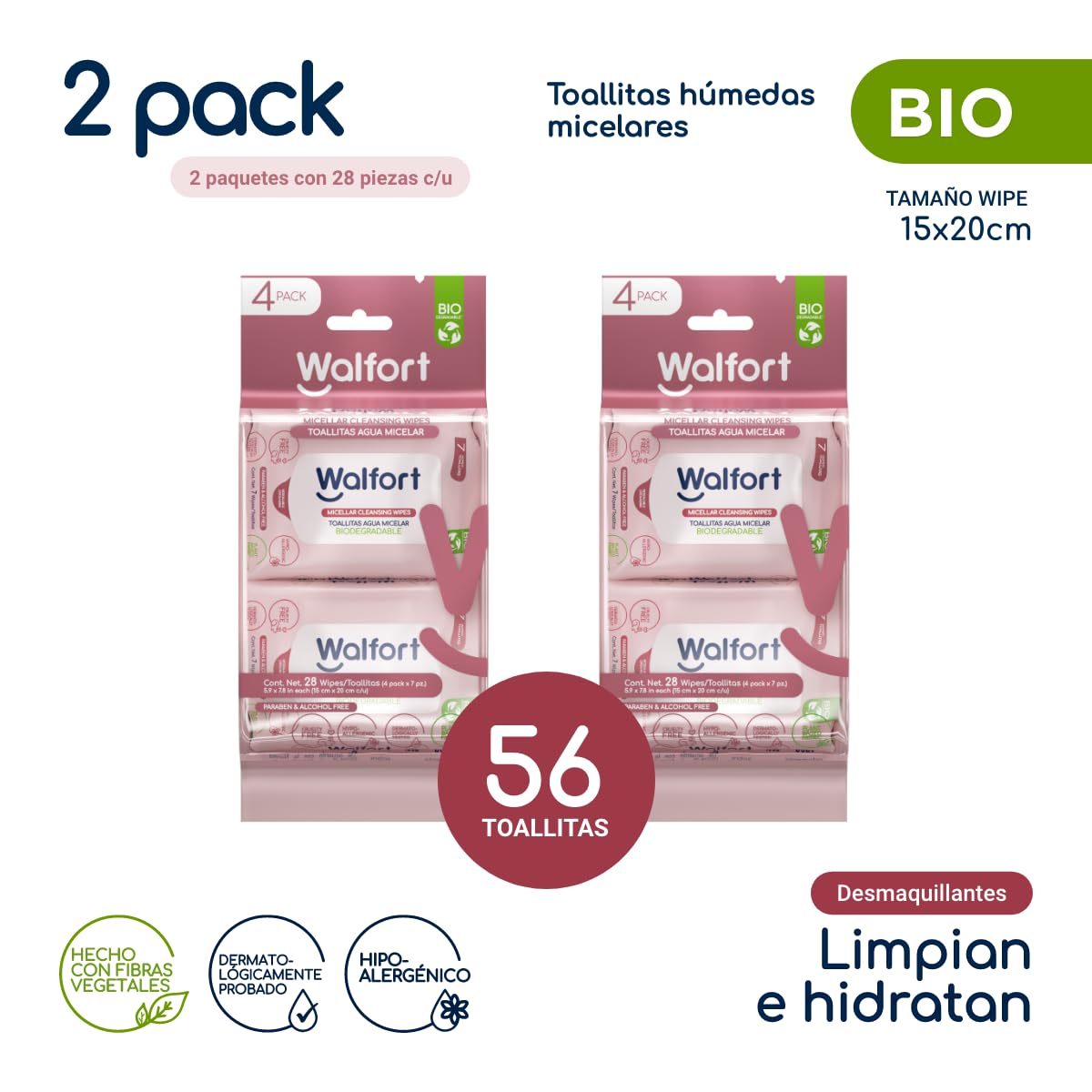 Walfort | Toallas Desmaquillantes con Agua Micelar, Limpieza Facial 3 en 1: Limpian, Desmaquillan e Hidratan (2, 4 Pack)