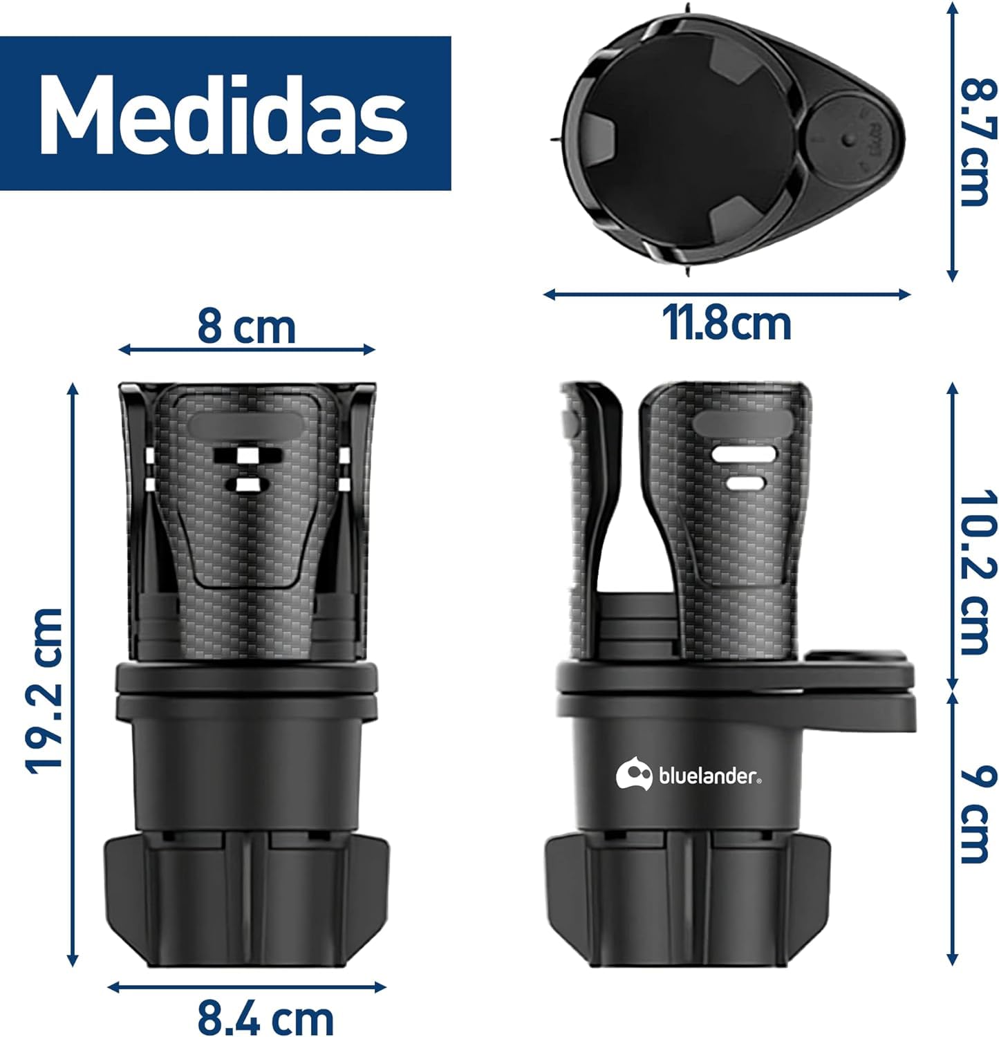 Bluelander Portavasos para Auto, Doble, Ajustable para Bebidas, Multifuncional, Compatibilidad Universal, Organizador de Celular, Gafas, Monedas, Color Negro