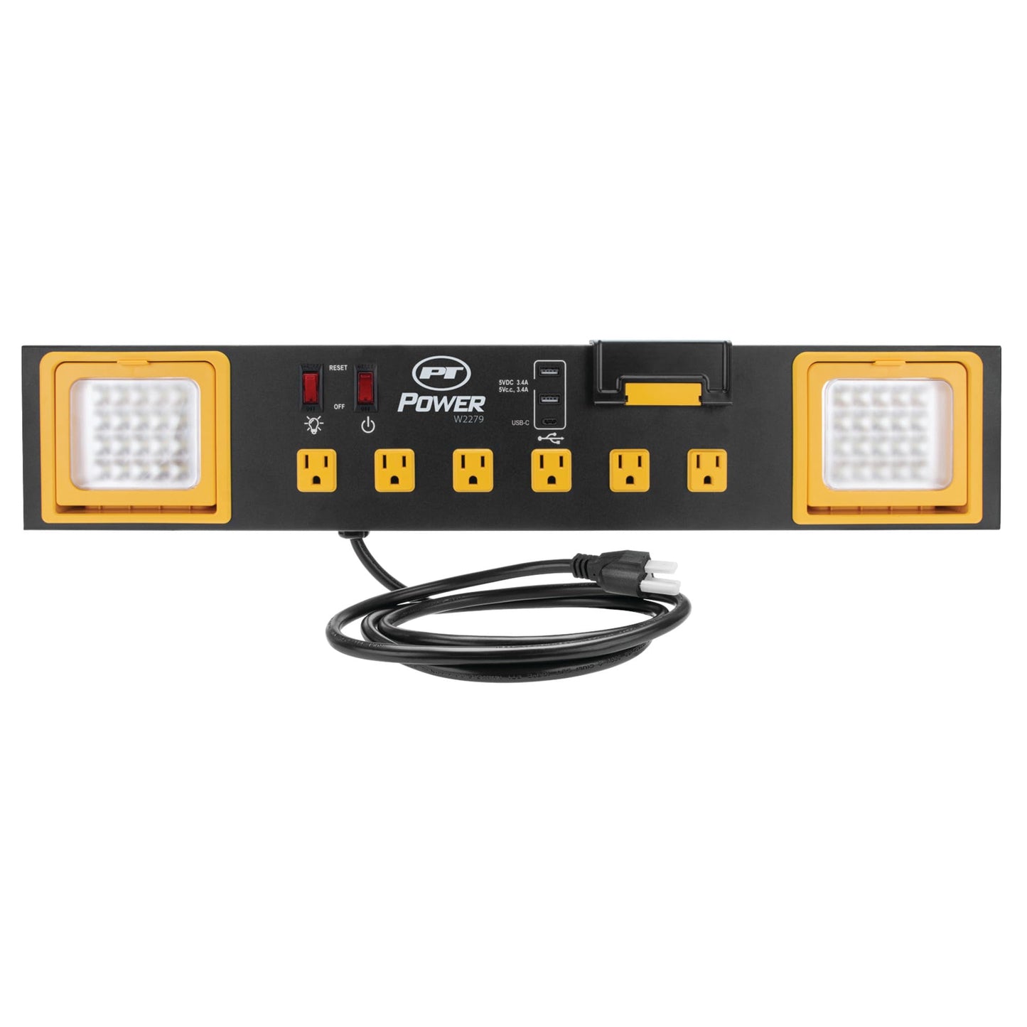 Performance Tool W2279 Central eléctrica de Grado Comercial con 6 tomacorrientes, 2 Puertos USB, Cuna integrada y Luces LED, Ideal para talleres y garajes