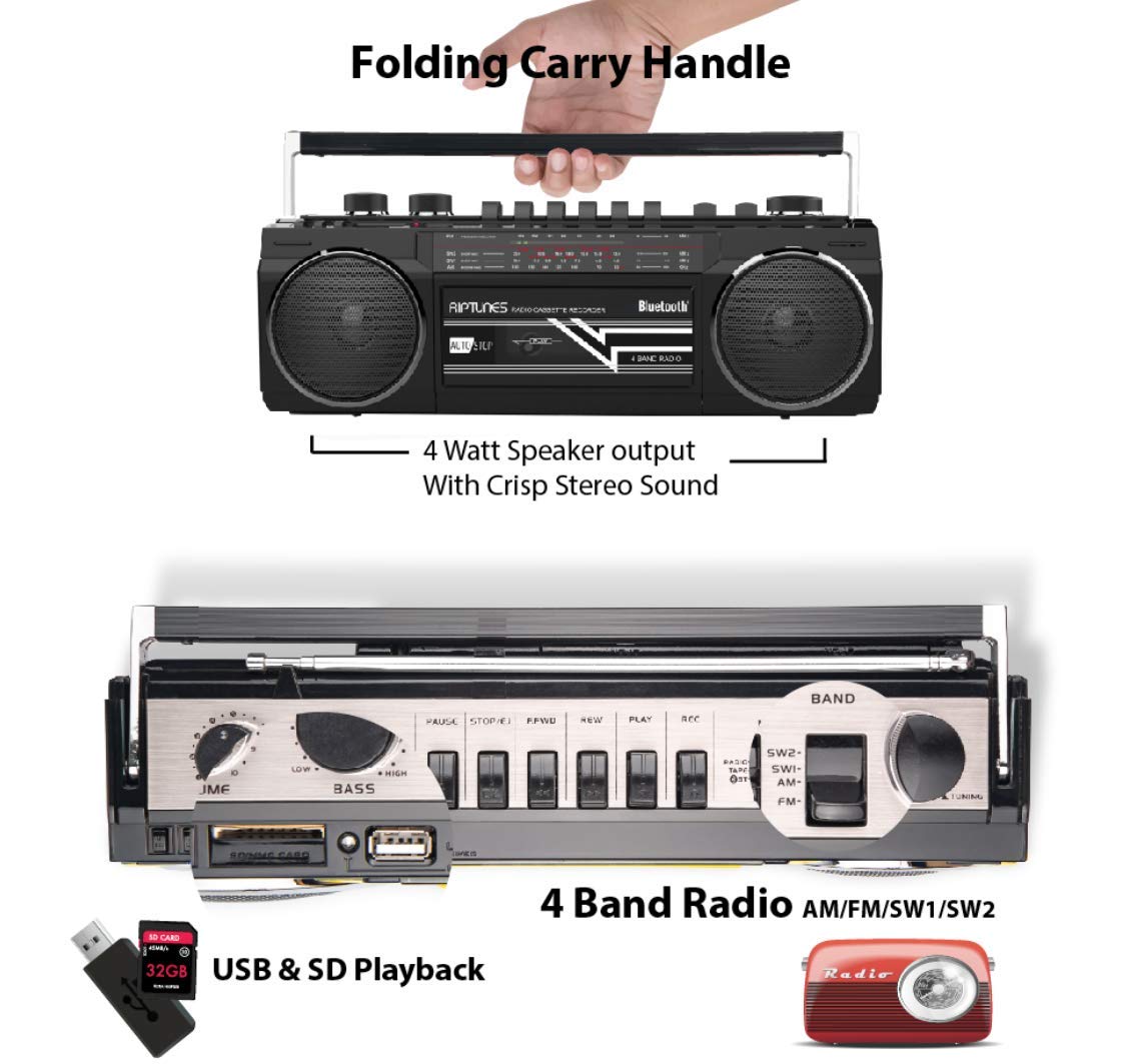 Boombox Bluetooth Retro Riptunes Negro Reproductor de Casete y Radio AM/FM/SW-1-SW2