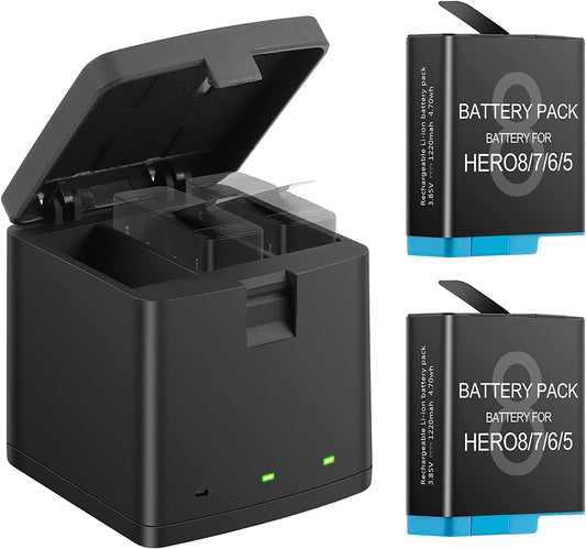 Baterías de Repuesto PHTEGI Hero 8 1220 mAh con Cargador USB LED 3 Canales para GoPro Hero 8/7/6/5 Black