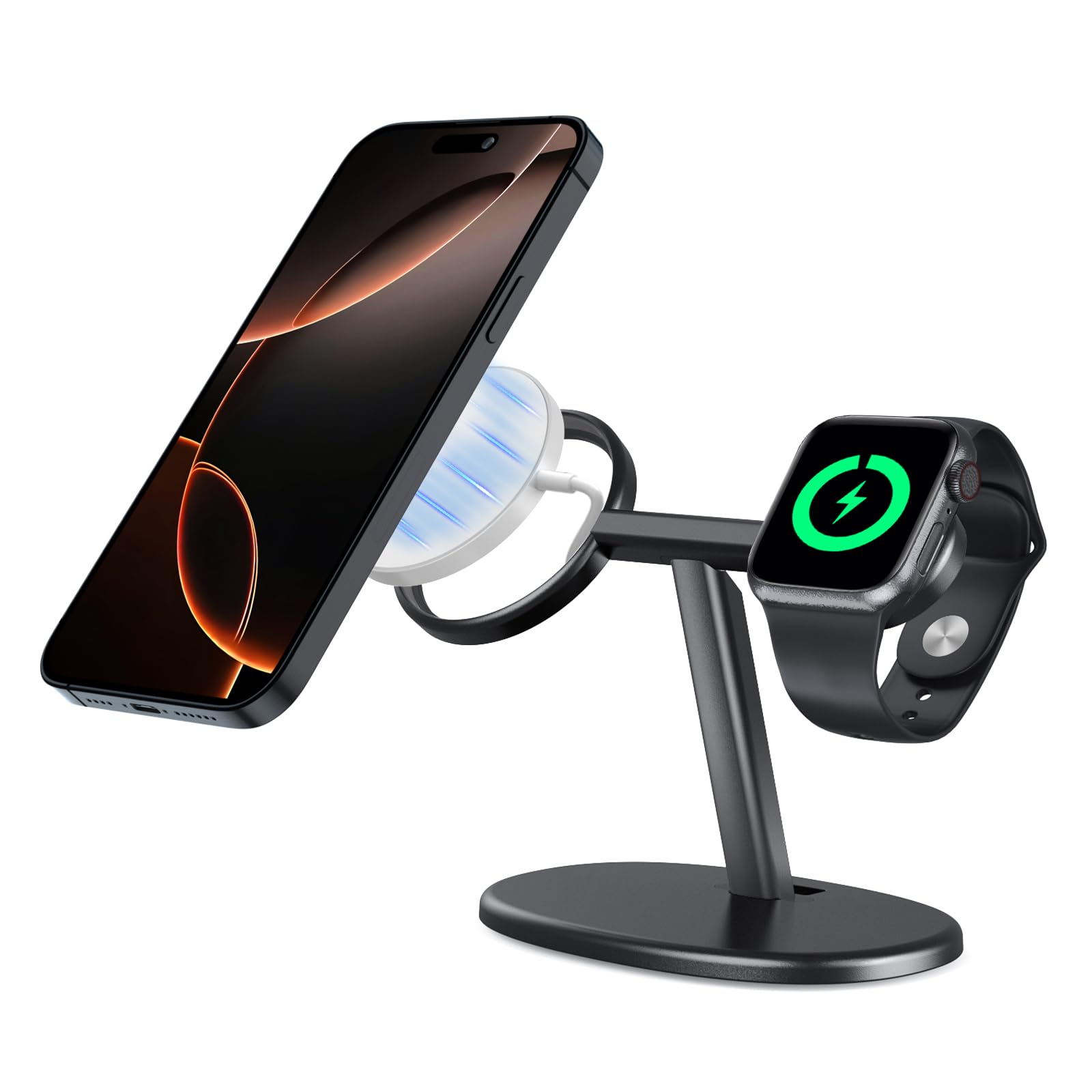EWA MagSafe - Soporte de carga 2 en 1 para iPhone 16/15/14/13/12 y Apple Watch Series, SE, ángulo de visión ergonómico ultra, base antideslizante, compatibilidad universal (cargadores no incluidos