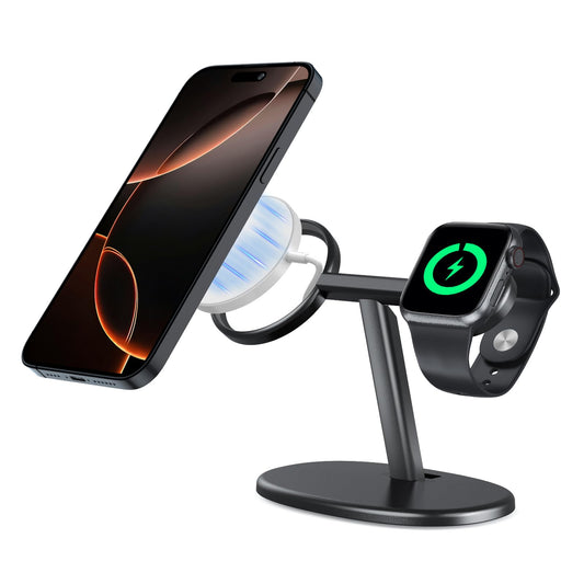 EWA MagSafe - Soporte de carga 2 en 1 para iPhone 16/15/14/13/12 y Apple Watch Series, SE, ángulo de visión ergonómico ultra, base antideslizante, compatibilidad universal (cargadores no incluidos