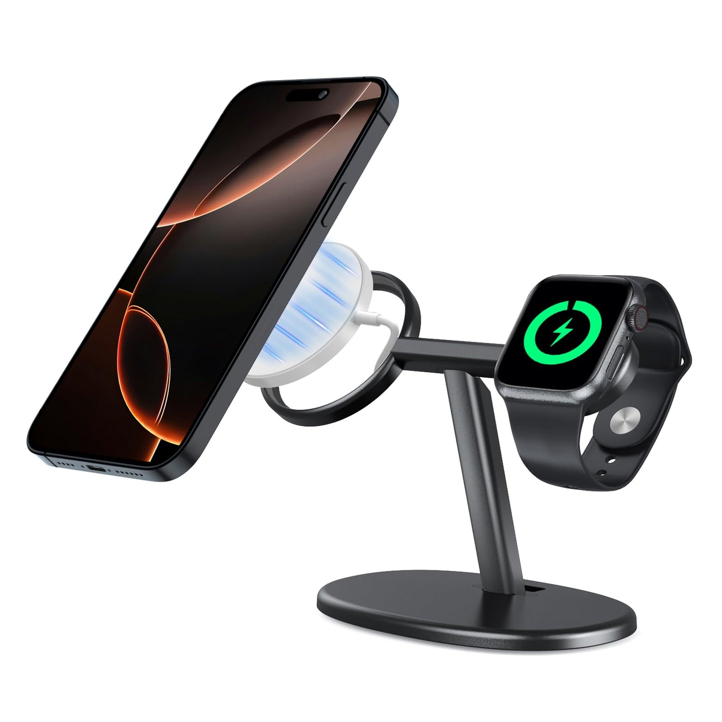 Soporte de Carga EWA MagSafe Negro con Ángulo de Visión Ergonómico para iPhone y Apple Watch