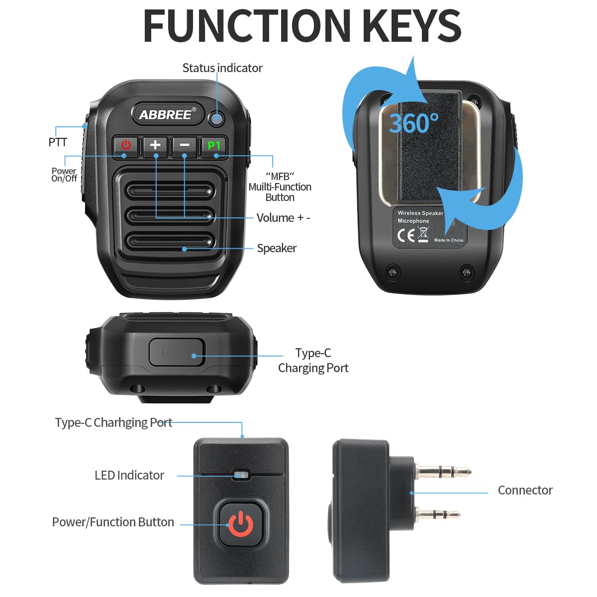 Micrófono de Mano ABBREE negro inalámbrico para Radio Ham y Accesorios Baofeng