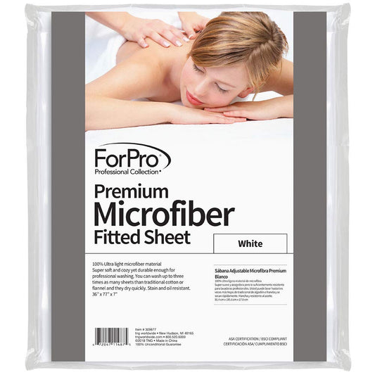ForPro Professional Collection Sábana bajera ajustable de microfibra de alta calidad, ultraligera, resistente a las manchas y a las arrugas para mesas de masaje, color blanco, 36 pulgadas de ancho x 77 pulgadas de largo x 7