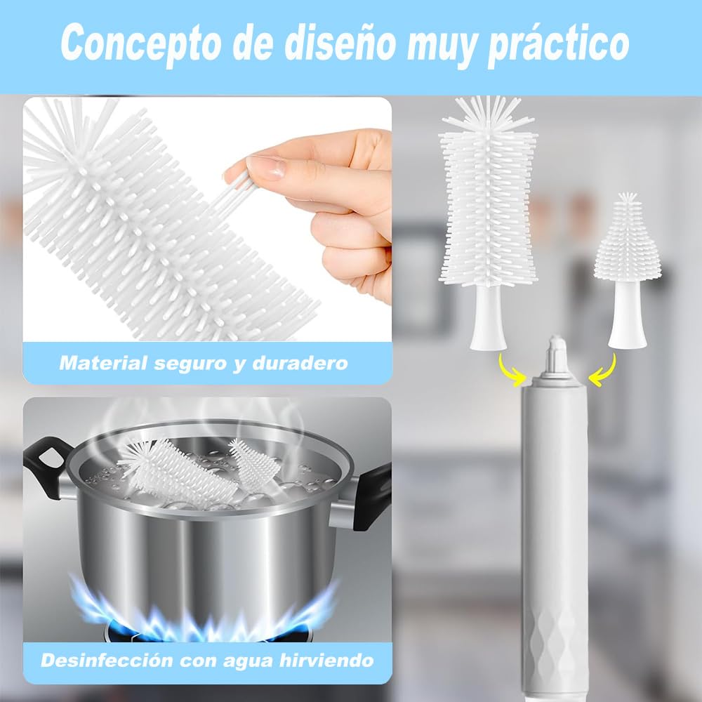Cepillo de Botella Eléctricos, Juego de cepillos eléctricos para limpiar biberones, con cepillo para biberón, 2 cepillos para chupón, limpiador de popotes, Apto para biberones de Cocina y de Leche