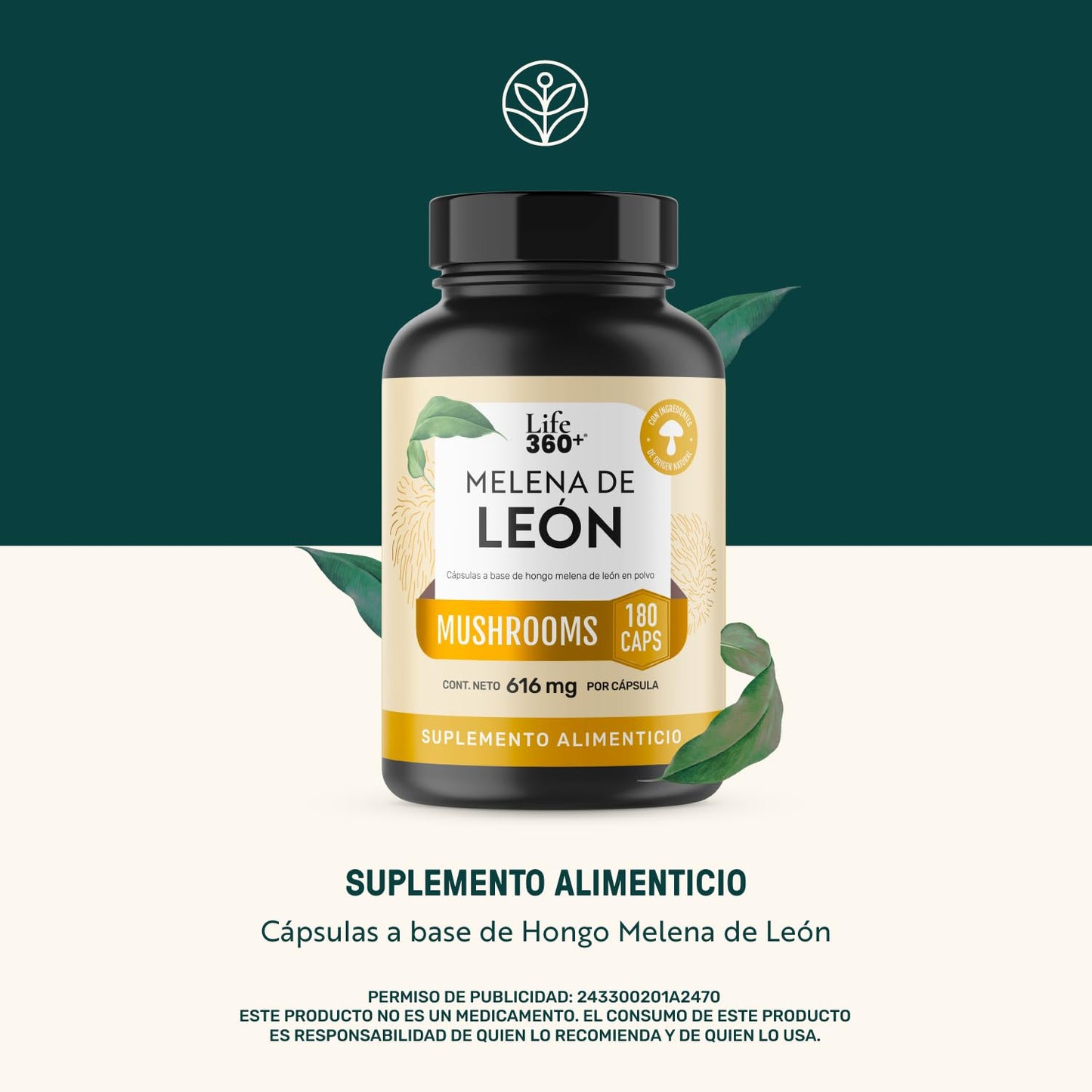 LIFE 360+ Hongo Melena de León Puro | 180 Cápsulas 1232 mg por porción | Ingredientes Naturales | Lions Mane Blend
