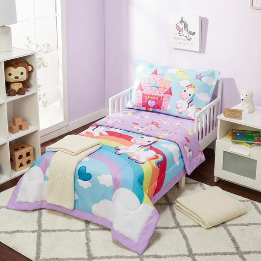 EVERYDAY KIDS - Juego de ropa de cama de 4 piezas para niños pequeños – Unicorn Dreams – Incluye edredón, sábana encimera, sábana bajera ajustable y funda de almohada reversible