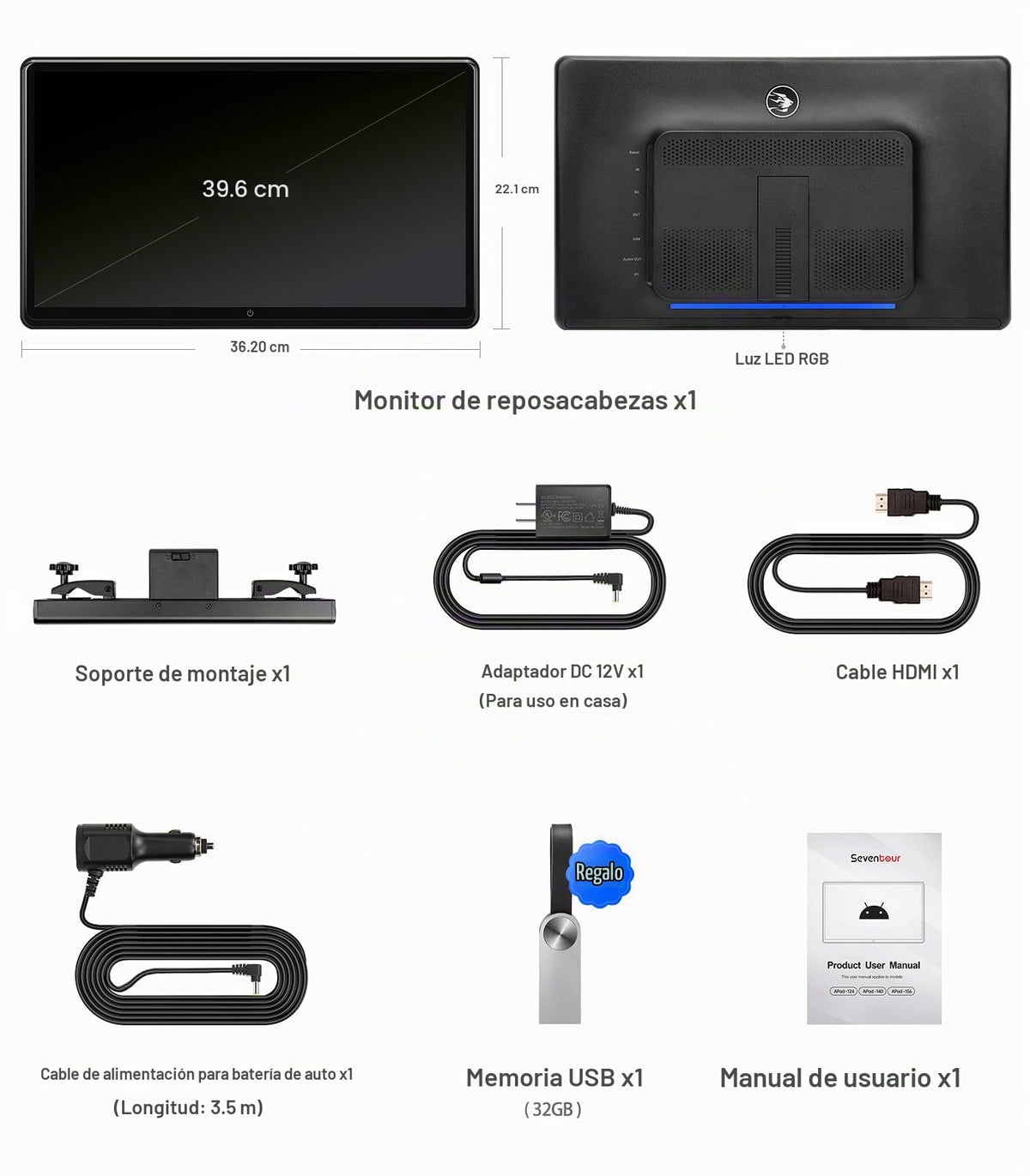 Monitor Android 4K Seventour 15,6" para Coche Plata Trasero con Wifi y Bluetooth