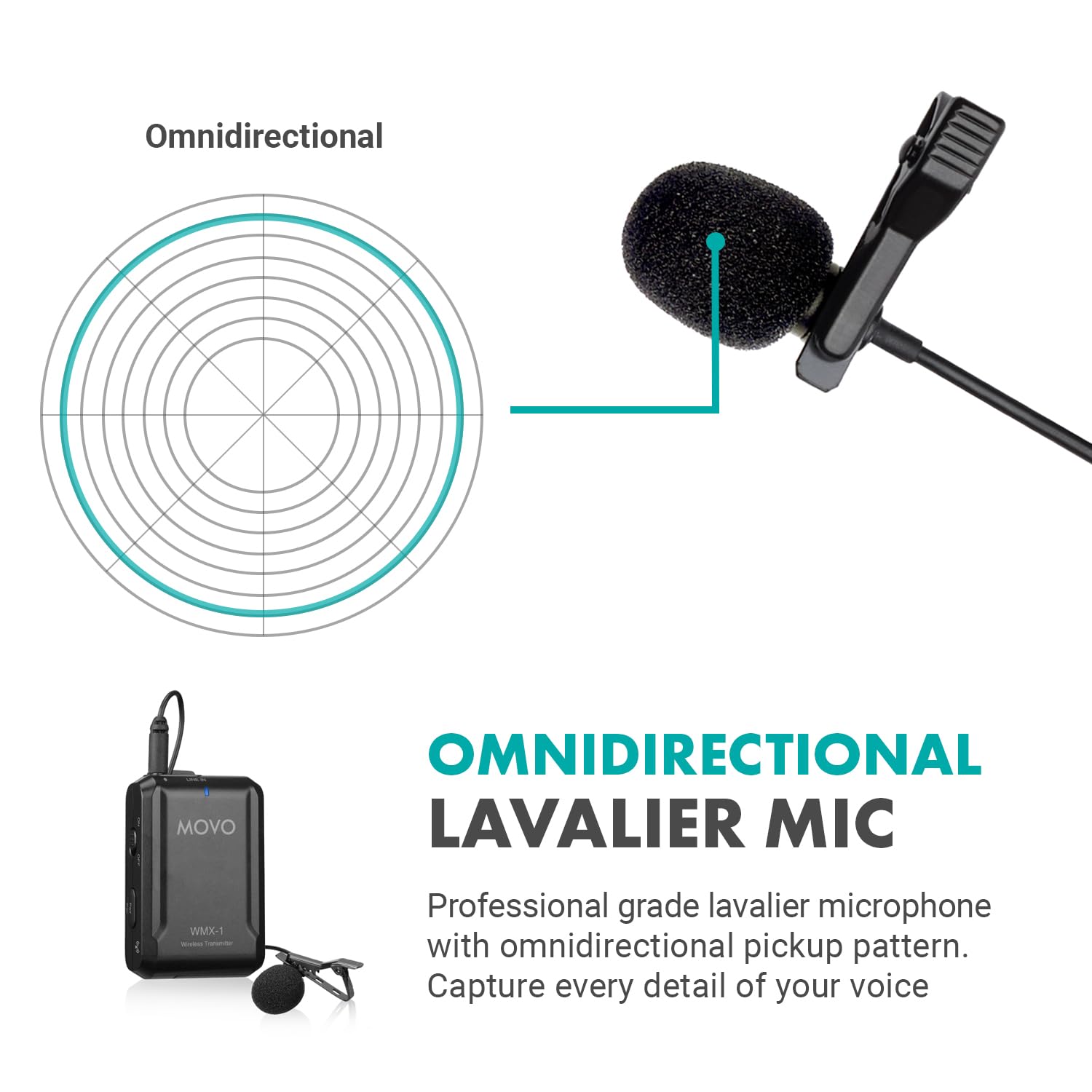 Micrófono Lavalier Inalámbrico Movo USB-C para Android e iPhone 15 con Transmisión de 2,4 GHz y Adaptador USB-A