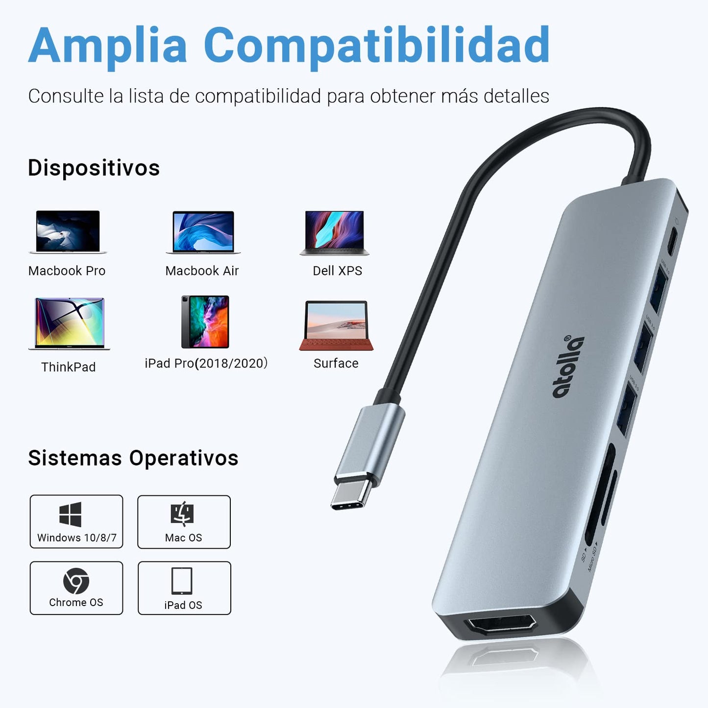 atolla USB C HUB, 7 en 1 Adaptador USB C a HDMI 4K, 100W PD Carga, 3 x USB 3.0, Lector de Tarjetas SD/Micro SD, Compatible con MacBook Pro (Thunderbolt 3), XPS y Más Dispositivos Tipo C