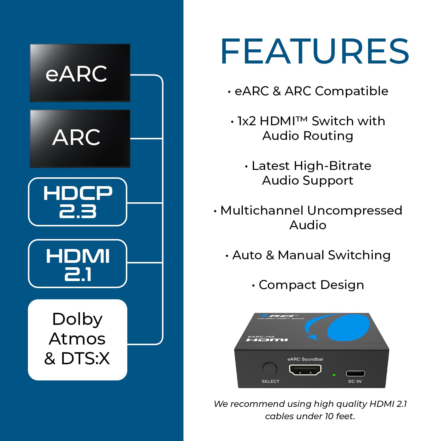 OREI eARC/ARC HDMI 2x1 Interruptor de Audio – Conecta una Barra de Sonido/Receptor AV a Dos televisores eARC, soporta Dolby Atmos, DTS:X, TrueHD, Audio de 32 Canales, conmutación automática/Manual