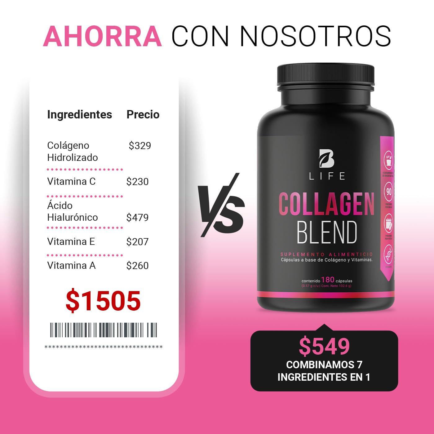 B Life Colágeno Hidrolizado | 200 Cápsulas | 1140 mg por porción | Adicionado con Biotina, Ácido Hialurónico, Ácido Fólico, y Vitaminas | Ingredientes naturales. Collagen Blend B Life.