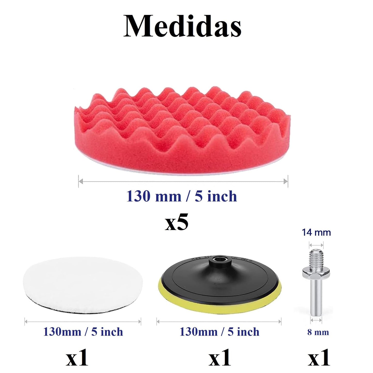 Kit Almohadillas Pulidora para Auto 8 Piezas en Esponja y Lana Pulgadas 5/7