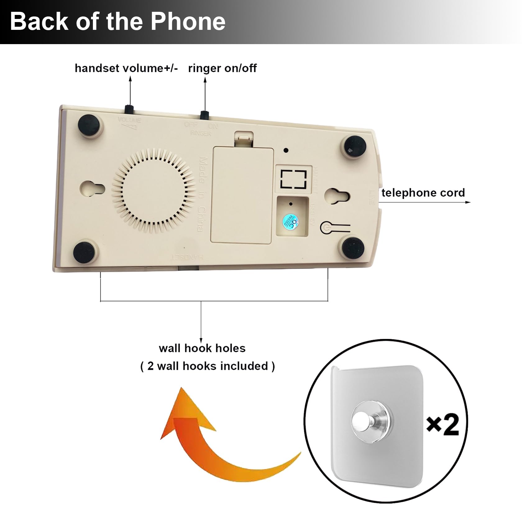 Artisam Teléfonos fijos para el hogar, teléfono de pared con cable retro de casa para personas mayores básico con cable Trimline, no requiere alimentación de CA, teléfono de montaje en pared (marfil)