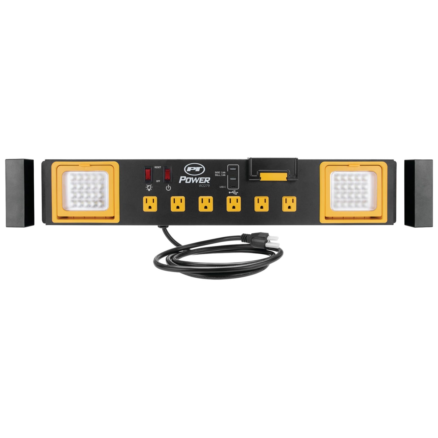 Performance Tool W2279 Central eléctrica de Grado Comercial con 6 tomacorrientes, 2 Puertos USB, Cuna integrada y Luces LED, Ideal para talleres y garajes