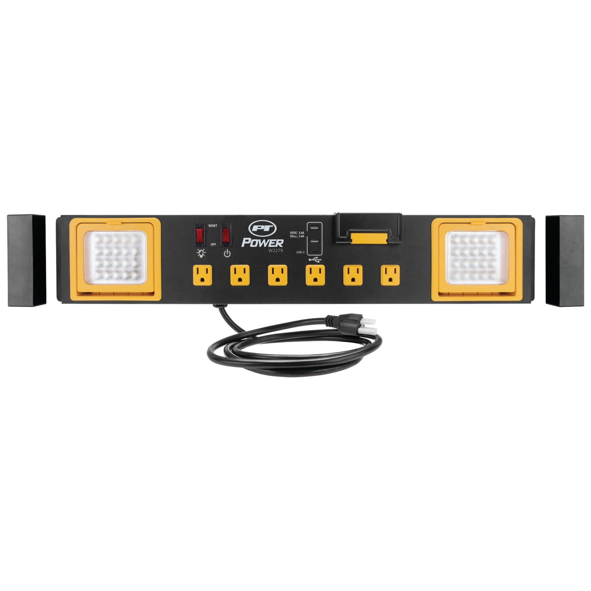 Performance Tool W2279 Central eléctrica de Grado Comercial con 6 tomacorrientes, 2 Puertos USB, Cuna integrada y Luces LED, Ideal para talleres y garajes