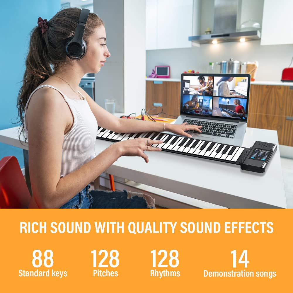 KONIX - Piano enrollable de 88 teclas, teclado portátil recargable actualizado, 128 ritmos, 128 tonos, piano de teclado desplegable con visualización LED, función MIDI, el mejor regalo para niños y principiantes
