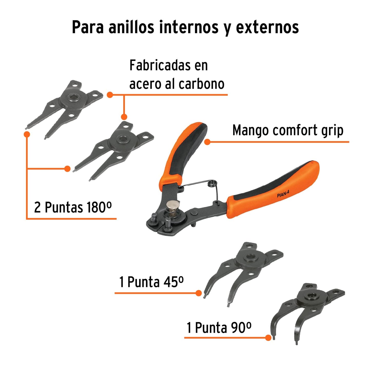 Truper PIAN-4, Pinza para anillos de retención 6" con 4 cabezas intercambiables