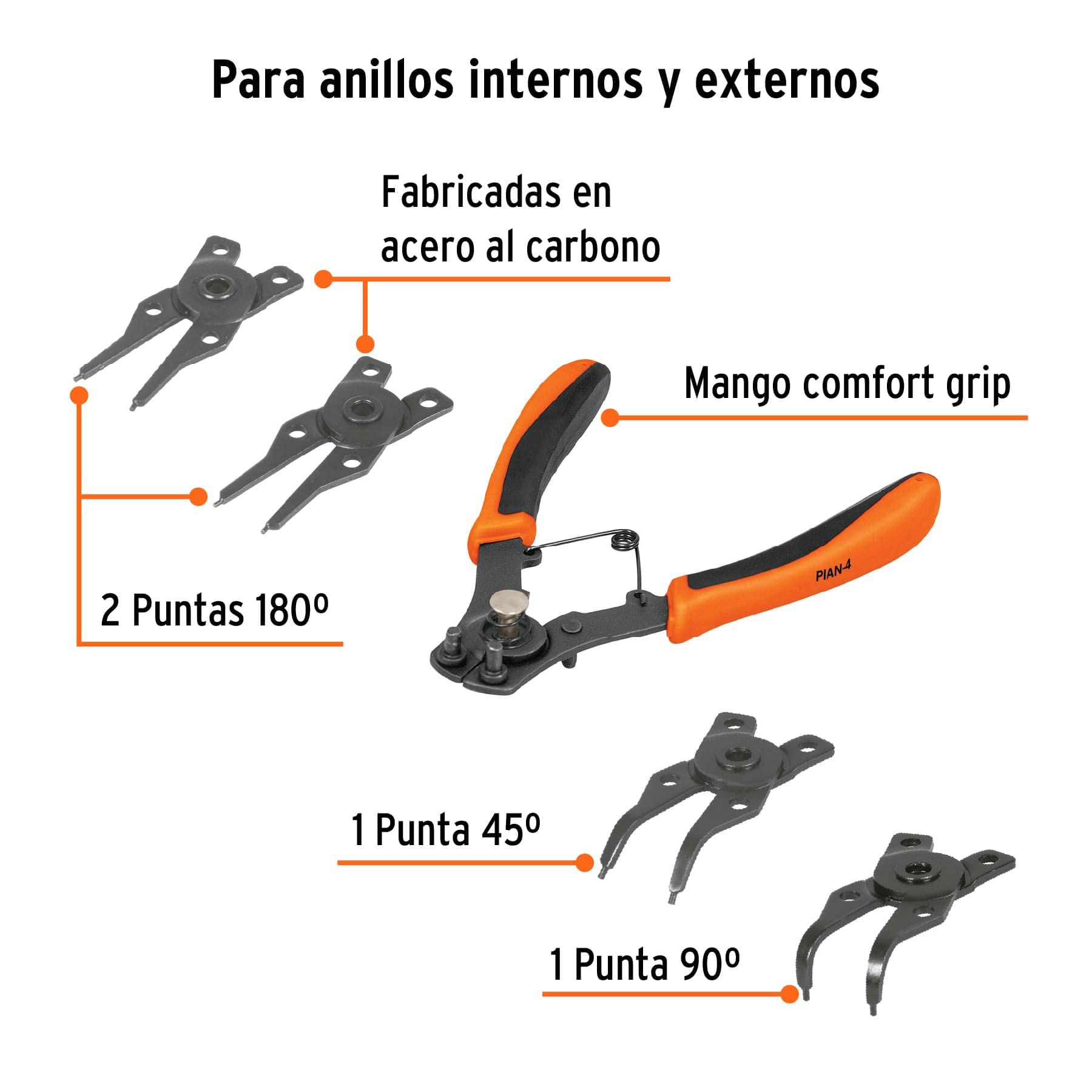 Truper PIAN-4, Pinza para anillos de retención 6" con 4 cabezas intercambiables