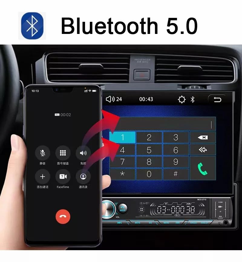 FINYQBE Tautoestereos para Carro 7 Car Stereo Retráctil Espejo Enlace 1din Reproductor MP5, USB, SD, Entrada Auxiliar, Radio FM, Cámara de Visión Trasera