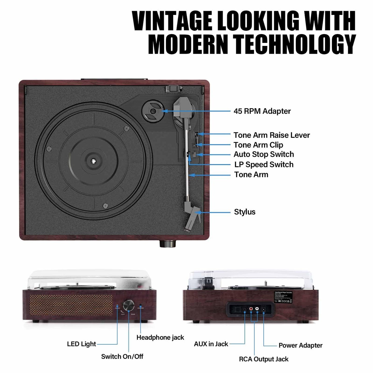 Kedok - Tocadiscos de vinilo con receptor Bluetooth integrado y 2 altavoces estéreo, reproductor de discos retro portátil de 3 velocidades y 3 tamaños para entretenimiento y decoración del hogar